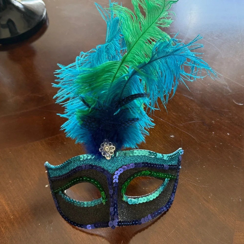 Colorful Feathered Masquerade Mask turquoise green cobalt blue sequined feathers